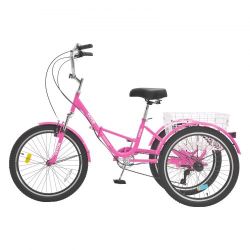 VEVOR Folding Adult Tricycle, 26-Inch 7-Speed Adult Folding Trikes, Carbon Steel 3 Wheel Cruiser Bike with Basket & Adjustable Seat, Shopping Picnic F