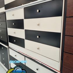 New White w/ Black 8 Drawer Wood Checkered Dresser Tocador 
