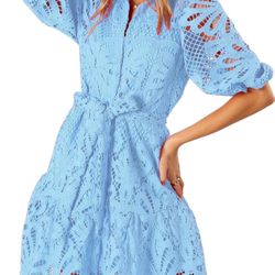 Blue Hollow Out Lace Mini Dress Lantern Sleeve Lapel Button Ruffle Casual Beach Party Dresses