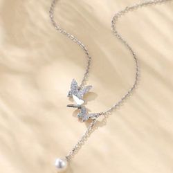 925 Sterling Silver Sparkle Butterfly Tassel Necklace With Freshwater Pearl Luxury Collarbone Chain Jewelry Gift