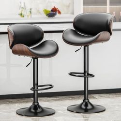 2 Pieces Black Bar Stools Adjustable Height Swivel Faux Leather Armless Barstools [NEW] **Assembly Req** 