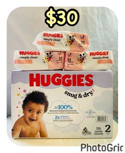 (1) Huggies Snug & Dry size 2 (116 diapers) & (3) Huggies baby wipes 64 wipes each, $30 for all‼️
