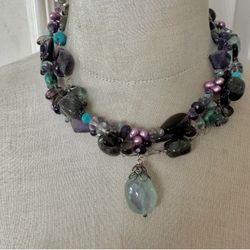 Sterling Silver Multi-Gemstone 3-Strand Necklace with Fluorite Pendant