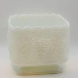 Vintage White Milk Glass Vase Square Embossed Grape Vine Pattern Decor