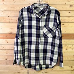 ZARA Trafaluc Blue Plaid Hi Low Long Sleeve Button Up Women Shirt top size S