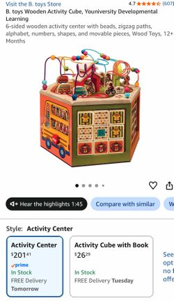 B. toys Wooden Activity Cube, Youniversity Developmental Learning 6-sided wooden activity center with beads, zigzag paths, alphabet, numbers, shapes, 