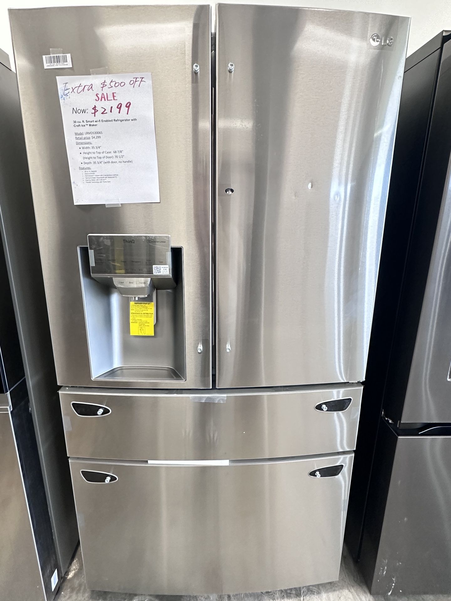 Unused LG 30cu French Door Refrige With Fresh Drawer And Craft Ice Maker
