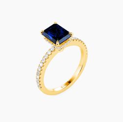 SheSaidYes "Adored One" 10K Yellow Gold Sapphire Blue Radiant Cut Ring (Size 3.5)