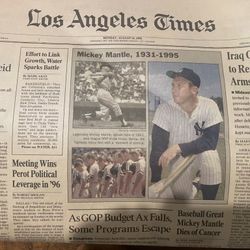 Mickey Mantle Dies of Cancer Los Angeles Times Newspaper Article 