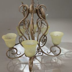 Vtg Contemporary Iron Chandelier 6 Frosted Glass Shades Gold Colored Dining Room