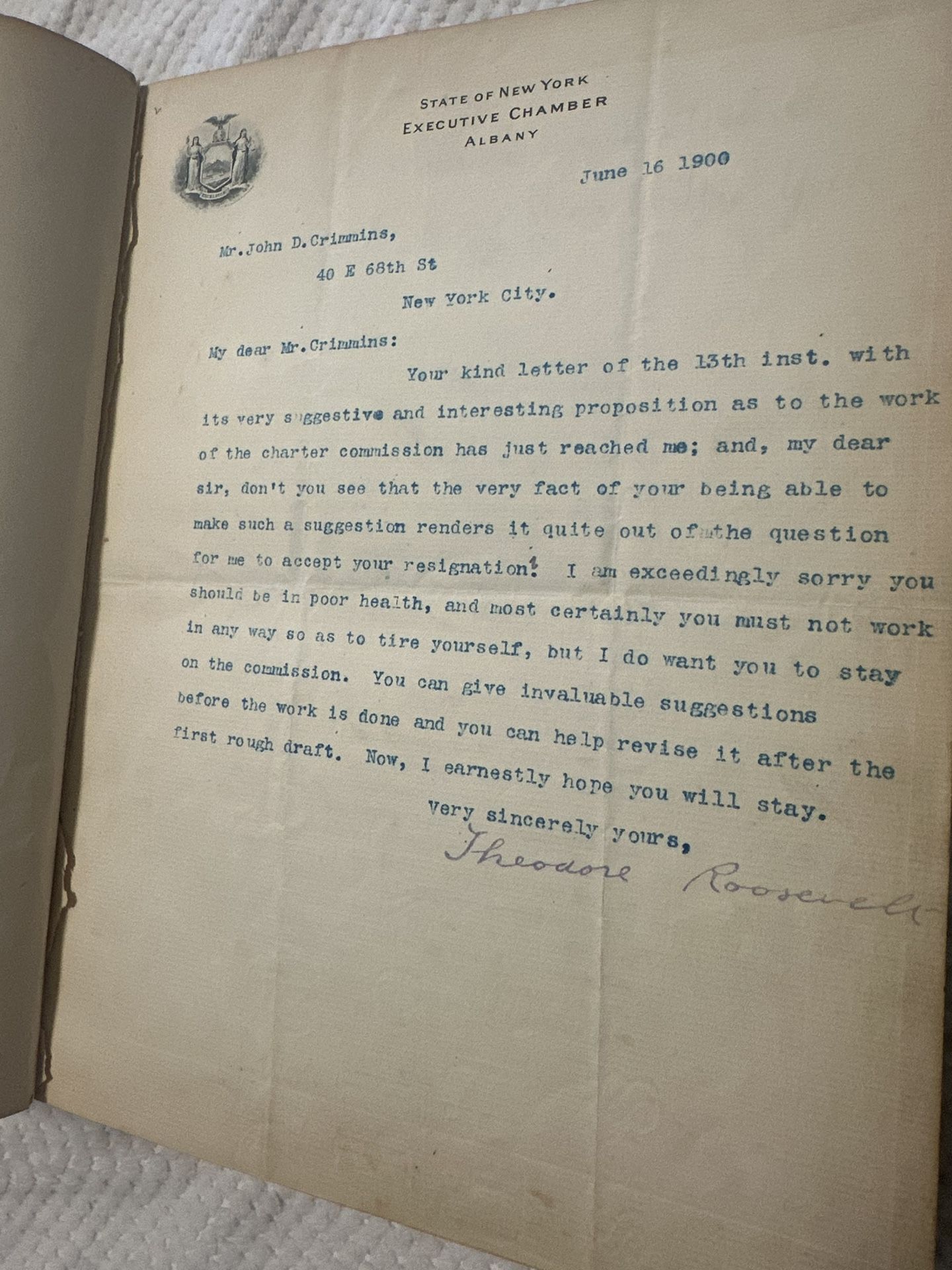 Theodore Roosevelt, 1900 New York signature book