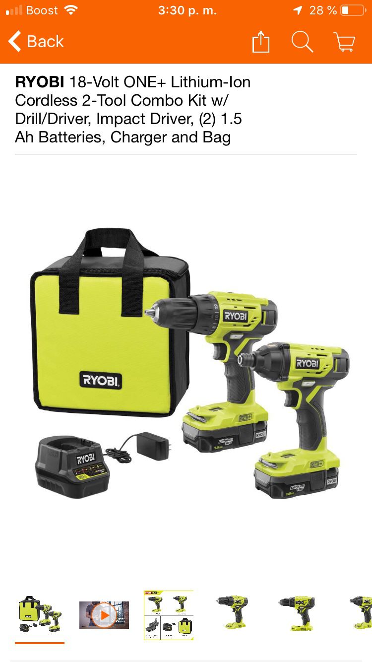 RYOBI 18-Volt ONE+ Lithium-Ion Cordless 2-Tool Combo Kit w/ Drill/Driver, Impact Driver, (2) 1.5 Ah Batteries, Charger and Bag