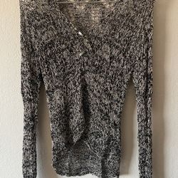 Women’s Black & Beige Knitted Long Sleeve Button Up V Neck Top, Size M