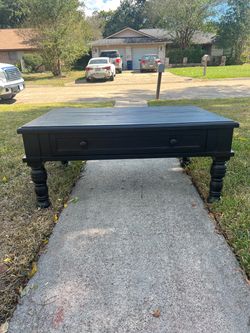 Ashley Furniture Black Farmhouse Coffee Table with Drawer – Plank Top & Turned Legs