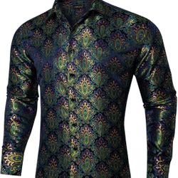 New With Tags Mens Silk Paisley Dress Shirts,Long Sleeve Button Down Shirt Casual Regular Fit Shirt for Men Wedding Party