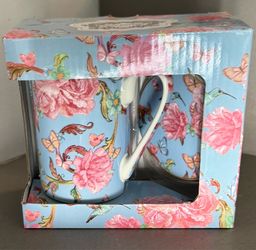 Brand New Kent Pottery Pink Roses Coffee Tea Mug Cup w/ Lid/ Coaster New in Box Gift Floral Nature