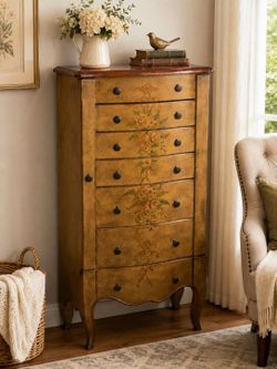 Hand-Painted French Country Lingerie Chest | Tall Accent Dresser | 7 Drawers