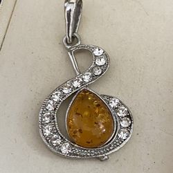 Dije Cadena Stainless Piedra Ámbar Joyería Antigua 