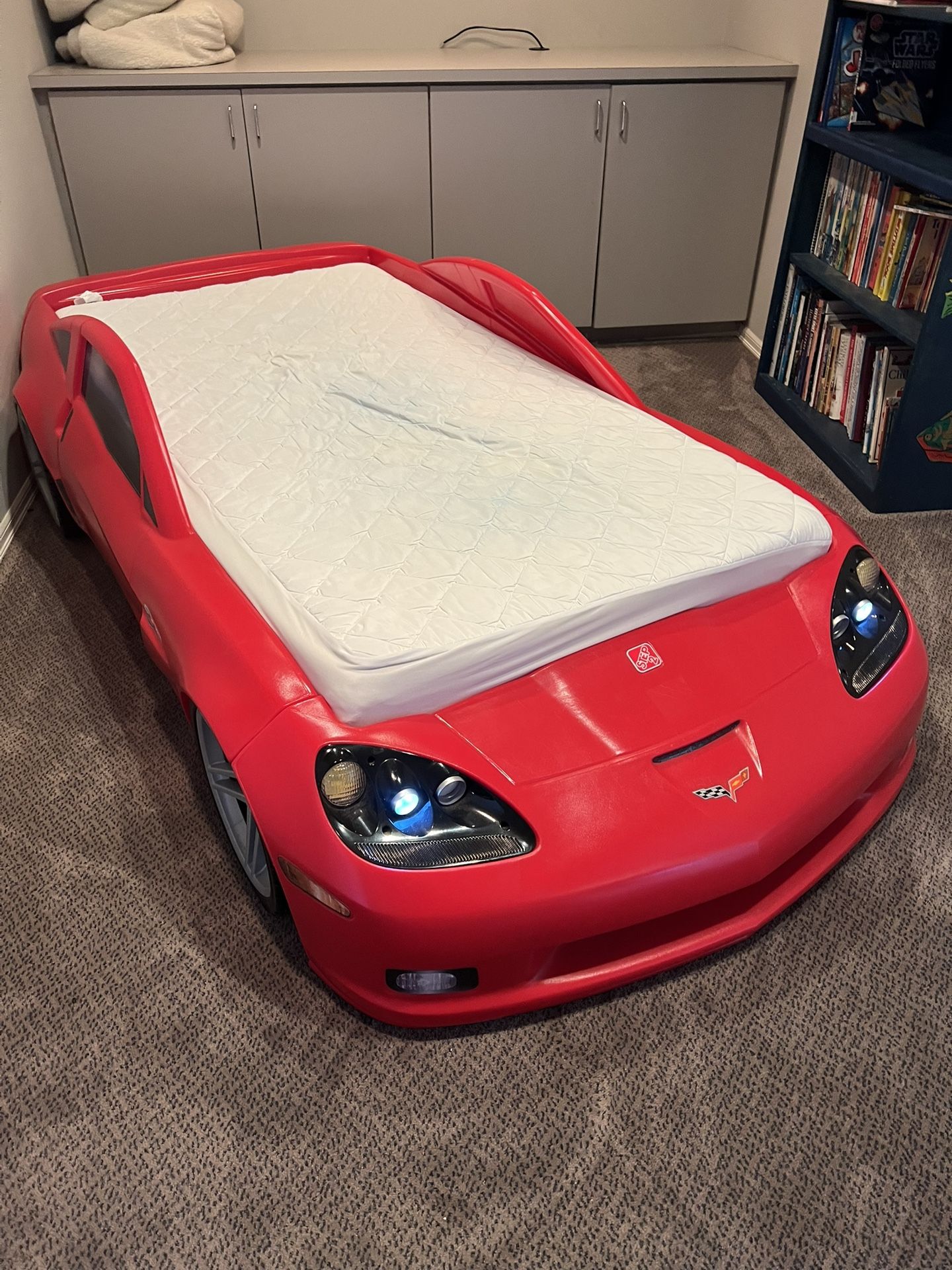 Red Corvette Twin Bed W/lights And Storage