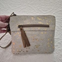 Myra Designer " COWHIDE " & GOLD & Leather Wristlet purse