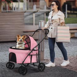 Pink Foldable 4 Wheels Dog Stroller 3-in-1 Multifunction Car Seat Travel Dog Cat Cage