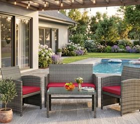 Patio Chair Set, 4 Pcs Rattan Chat Set for Outdoors, Featuring a Tempered Glass Coffee Table, Comfortable Cushions, And Rattan Chairs Ideal for Garden