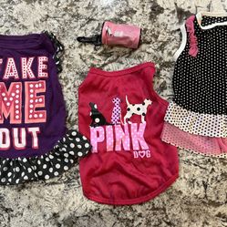 Clothes forGirl Dog Size Medium - 2 Dresses + PINK top + Cute Pink Poop Bag Dispenser