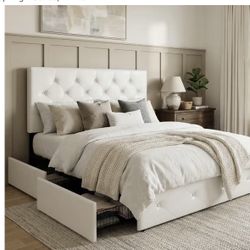 Queen Modern White Upholstered Storage Bed - $200
