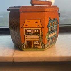 Vintage Wooden Box Purse, Painted Victorian Village, Mid Century Top Handle Purs