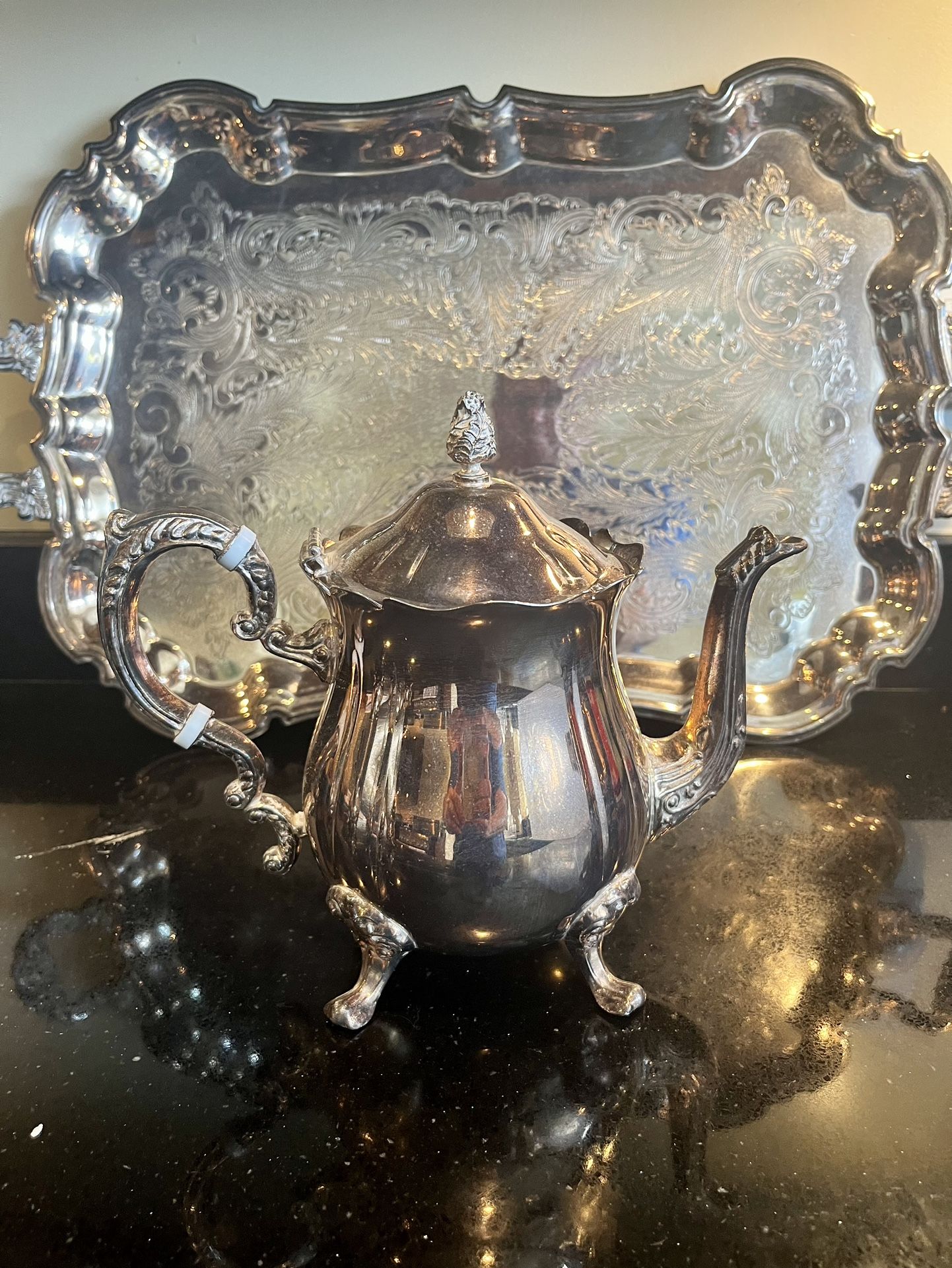 Vintage Leonard Silver Plate Coffee/Tea /Creamer/Sugar Set w/ Tray