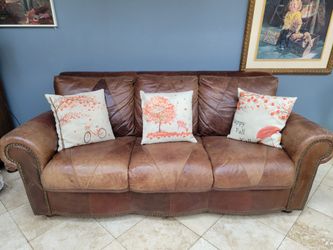 Brown Leather 3-Seat Sofa with Nailhead Trim
