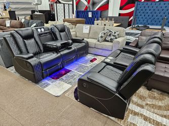 New electric black faux leather recliner sofa loveseat LED lighted with wireless phone charger and reading lights 
