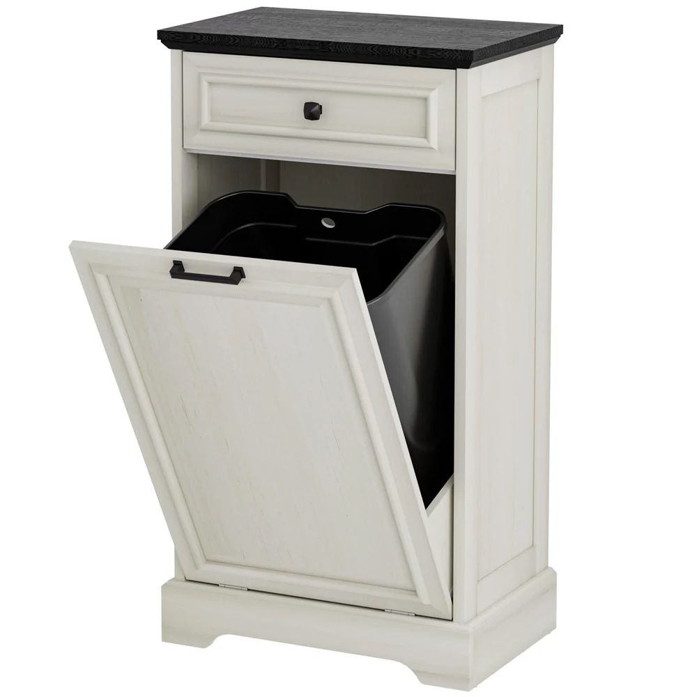 AHB 13 Gallon Tilt Out Trash Cabinet Kitchen Waste Bins, Laundry Hamper Tilt Out Pet Proof Hidden Trash Bin for Kitchen Living Room, Antique White and
