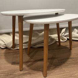 Mid-Century Modern Nesting Coffee Table Set (2-Piece) - White/Oak (side tables)