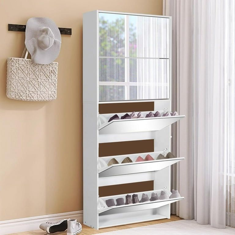 Mirrored Shoe Rack Organizer Slim Shoe Storage Cabinet for Entryway w/ 5 Flip Drawers