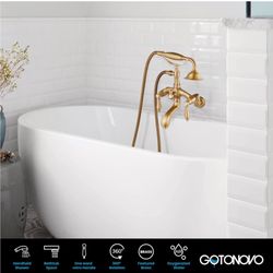 Wall Mount 3 3/8 Clawfoot Tub Faucet Antique Brass with Telephone Shaped Handheld Shower with Double Level Handle Hot and Cold Water Mixer Tap with Tu