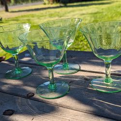 Set of 4 Vintage Green Depression Glass Martini Glasses - Uranium Glass Stemware w Vertical Rib