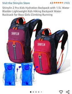 2 Pcs Kids Hydration Backpack with 1.5L Water Bladder Lightweight Kids Hiking Backpack Water Rucksack for Boys Girls Climbing Running(Red, Purple,Clas