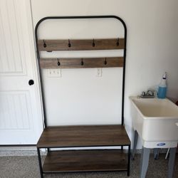 Entryway Bench w/ Coat Rack & Hooks – Rustic Wood & Metal