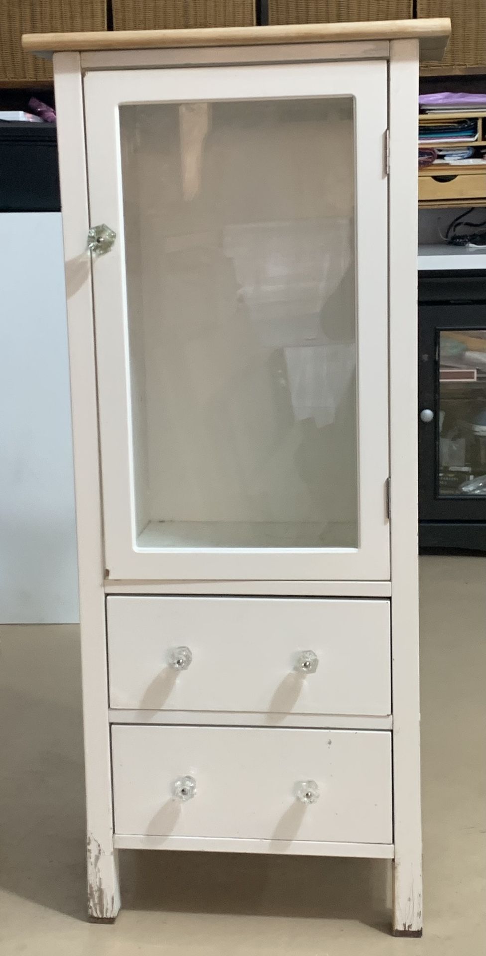 Small Vintage White Cabinet With Glass Cabinet Door