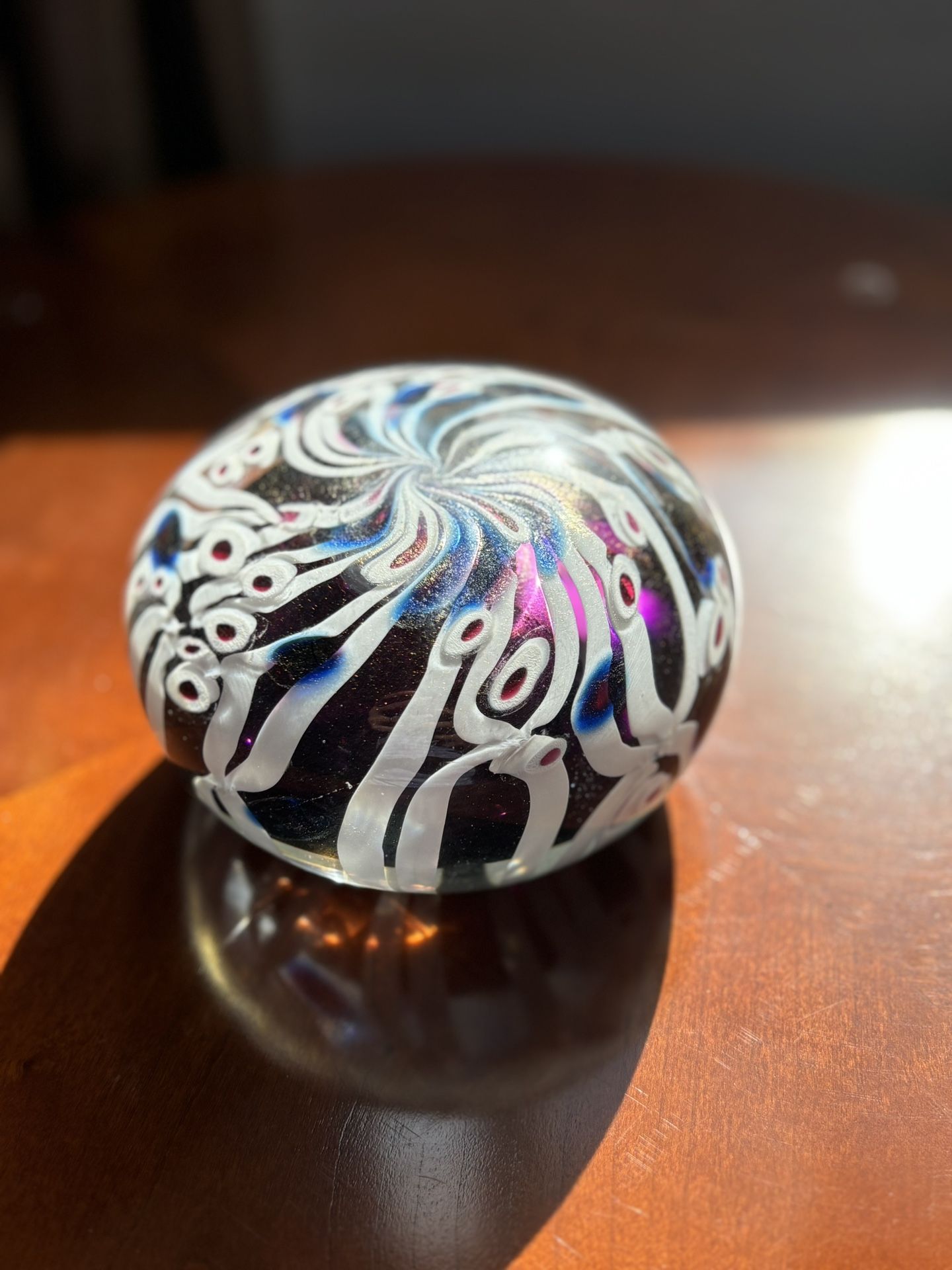 Art Glass Large And Heavy Paperweight With Swirls And Iridiscent Background