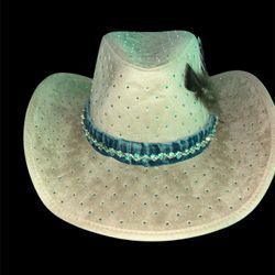 Tan Rhinestone Brim With Denim Trim Band & Feathers