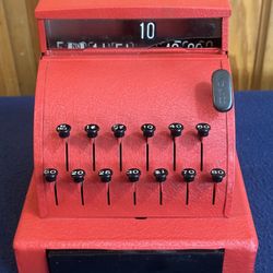 Vintage 1950s Tom Thumb Cash Register Red Novelty Play Store Toy Metal Western Stamping