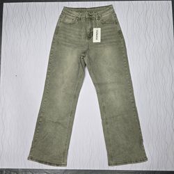 Jeans De Mujer Funuca Verde Oliva Lavado Tiro Alto Talla 6 NWT