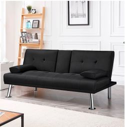 Modern Faux Leather Convertible Futon Sofa Bed with Cup Holders, Black