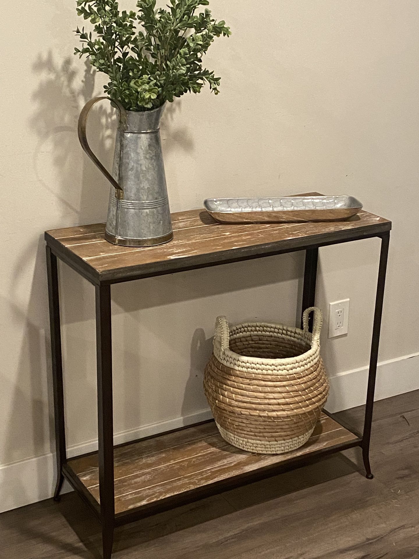 Rustic Style Console/Entry Table With The Dark Metal Base And Extra Shelf At The Bottom W34”xD13.5”xH31”