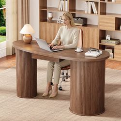59 Inches Home Office Desk with Storage, Fluted Corner Desk, Walnut Large Desks, Bean-Shaped Computer Desk with Drawer, Mid-Century Modern Curved Stur