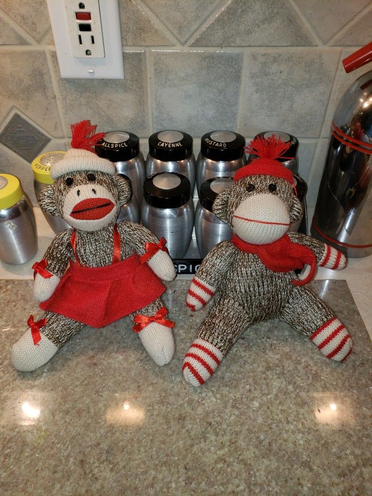 Vintage Winter Christmas Sock Monkeys Female & Male Mint