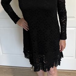 Black Long Sleeve Lace Bodice Dress w/ Fringe.