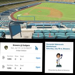 2 Aisle Seats On Reserve 10 Row C on 7/19/25.  Fernando Valenzuela Bobblehead Giveaway.  $120 Each